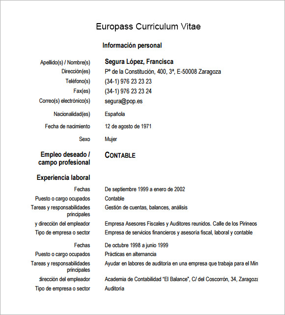 sample europass curriculum vitae