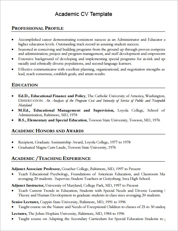 Academic Cv Template Word