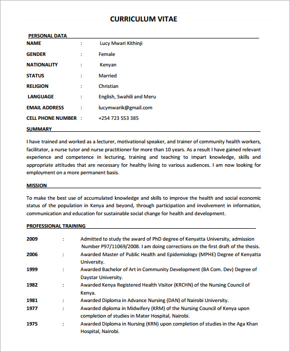 curriculum vitae nz template Nursing Sample 8 CV  Samples   Templates