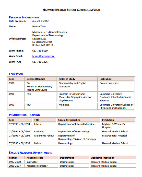 vitae microsoft curriculum templates (cv) free Download Sample Template   7 CV in PDF Documents Medical