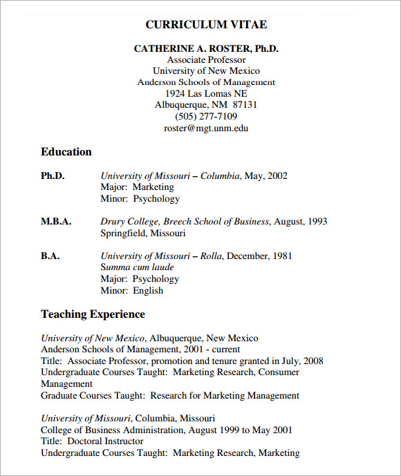 curriculum format vitae class 12 Free 9  Download Sample Templates Teaching CV  for Templates