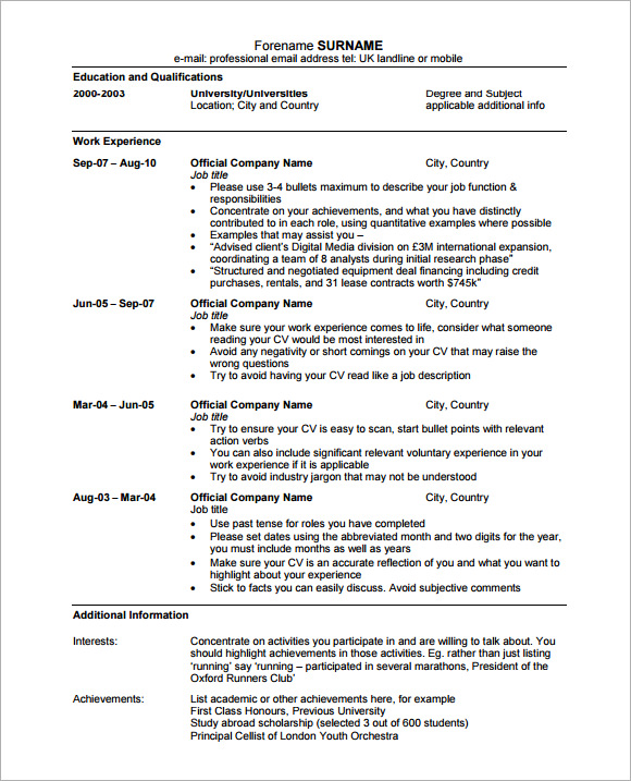 Cv Format Template Uk