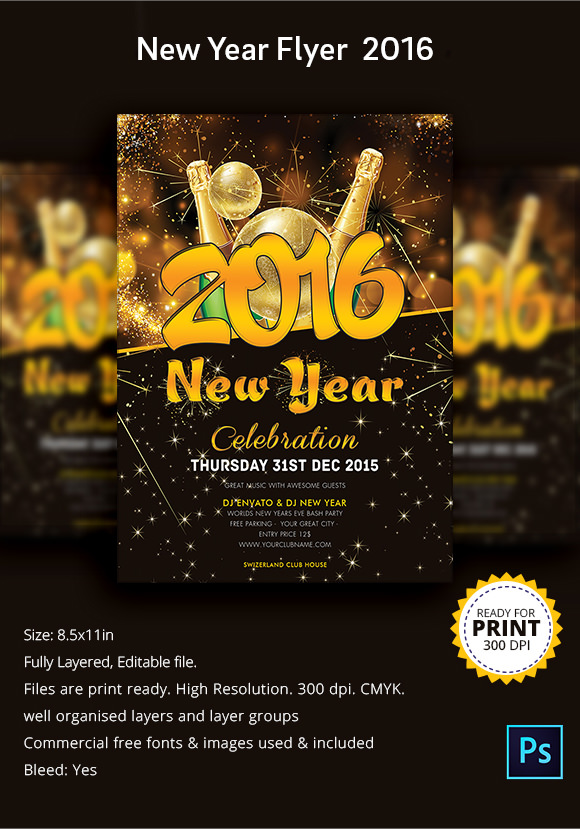 customizable print ready new year flyer 2016
