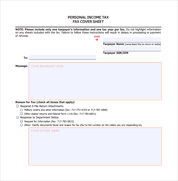 personal income tax fax cover sheet