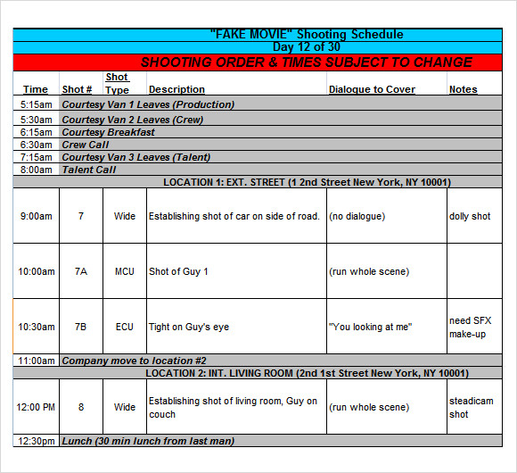 shooting schedule template excel