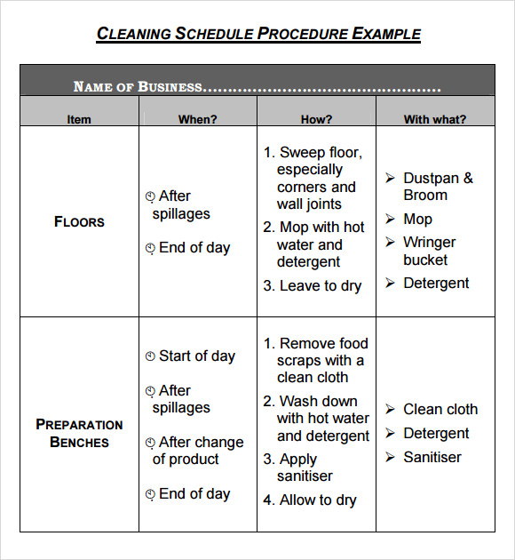 example cleaning schedule