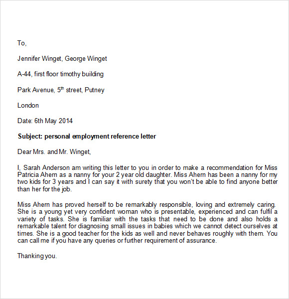 personal reference letter template free