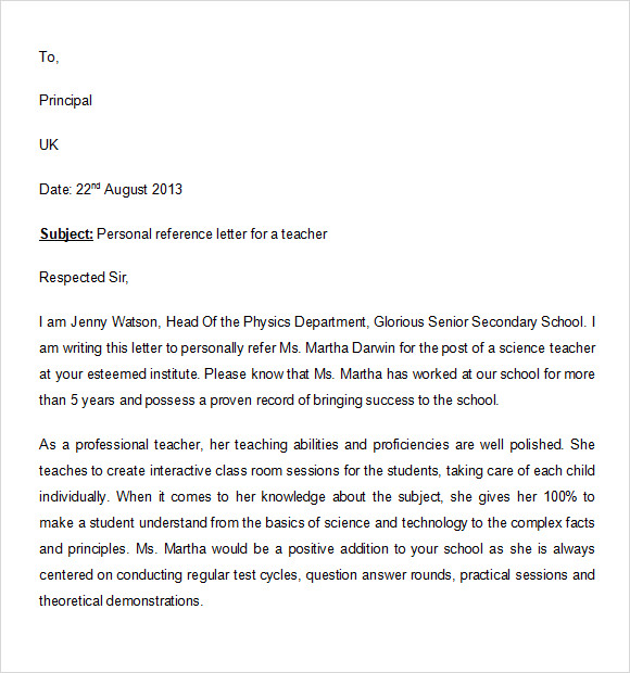 sample personal reference letter