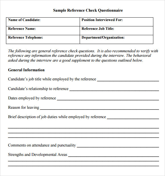 sample reference check questionnaire template