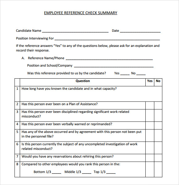 employee reference check summary template