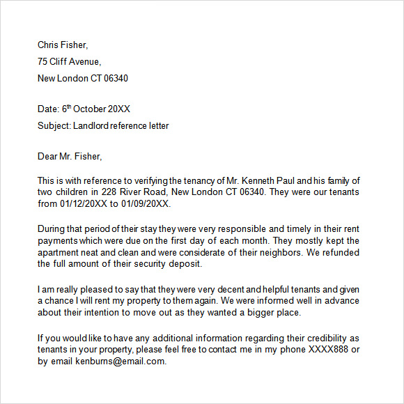 Sample Of Reference Letter From Landlord