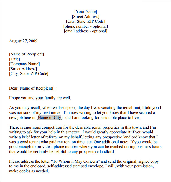 landlord reference letter request