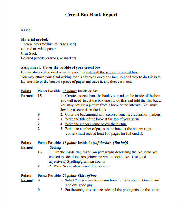 example of cereal box book report