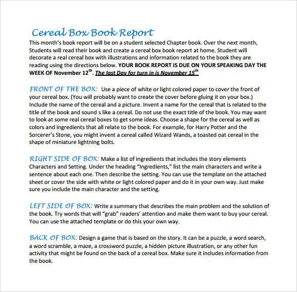 downloadable cereal box book report