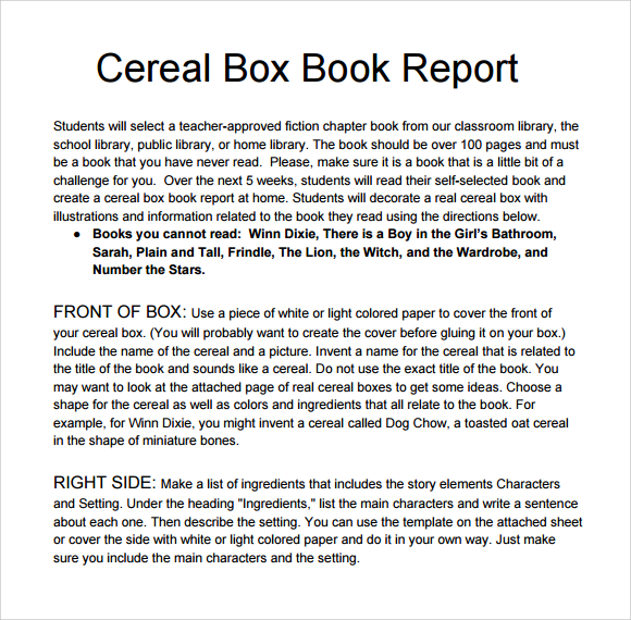 Cereal Box Book Report Template