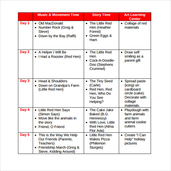 sample toddler lesson plan template