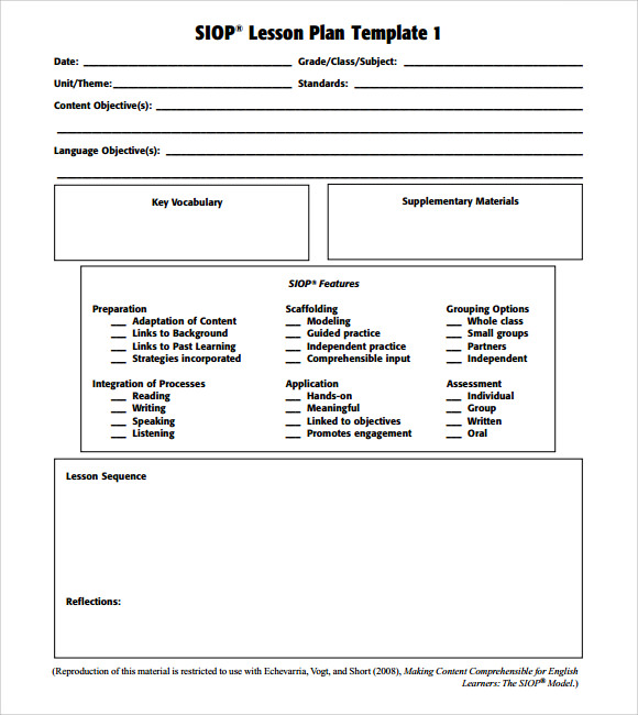 Free Siop Lesson Plan Template