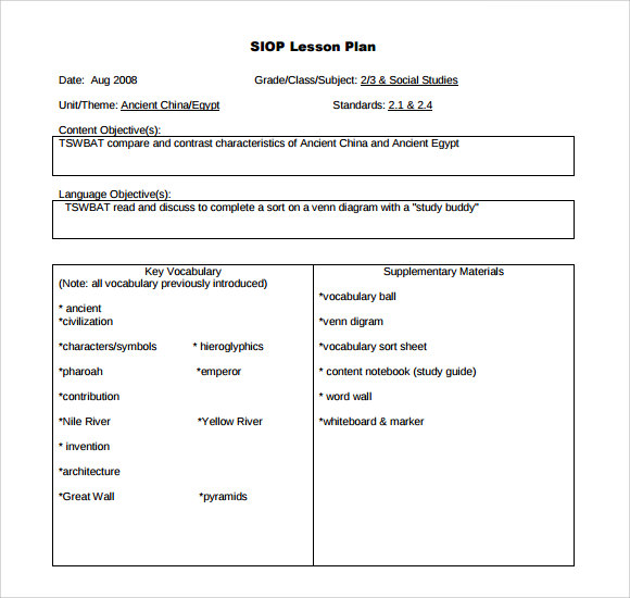 9+ SIOP Lesson Plan Samples | Sample Templates