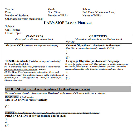 siop lesson plan form