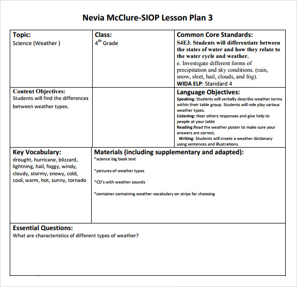 siop lesson plan template 3