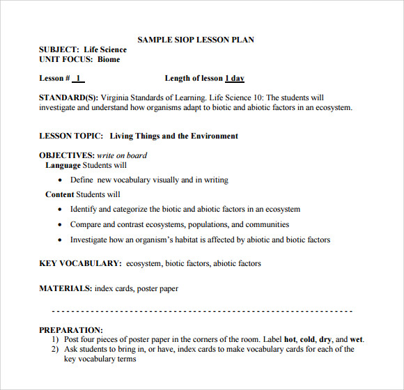sample siop lesson plan template