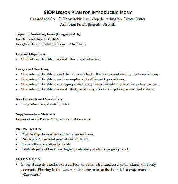 siop lesson plan template download