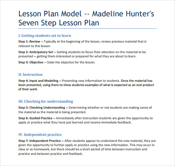 sample madeline hunter lesson plan