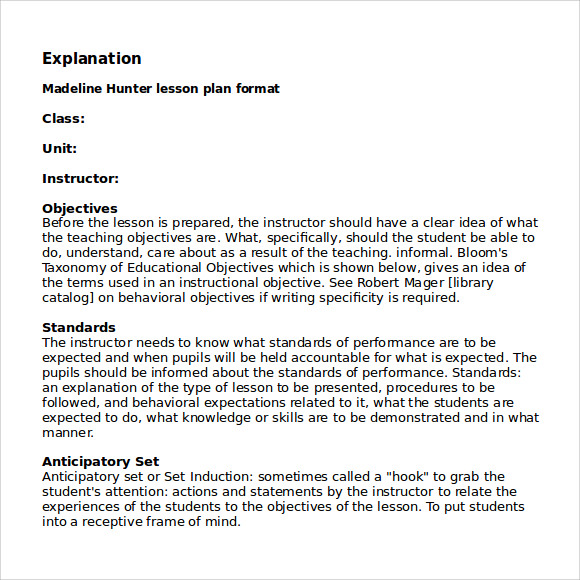 madeline hunter lesson plan template word