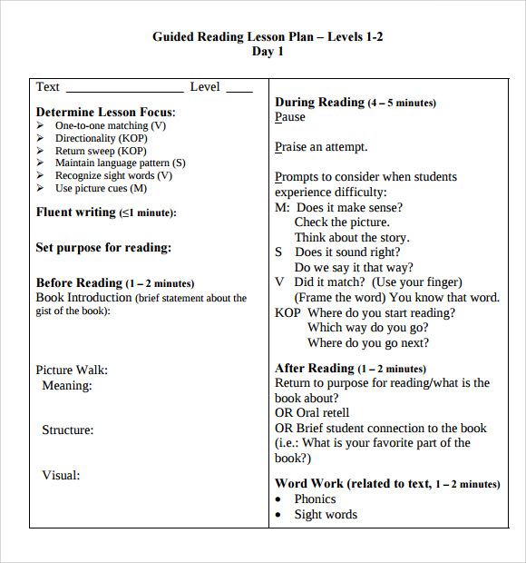 sample guided reading lesson plan template