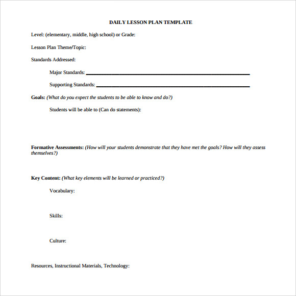 daily lesson plan template middle school