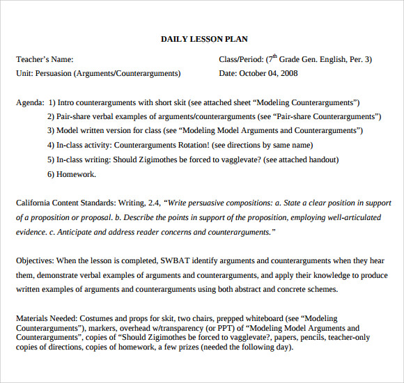 FREE 8 Sample Daily Lesson Plan Templates In PDF MS Word