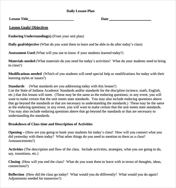daily lesson plan template download