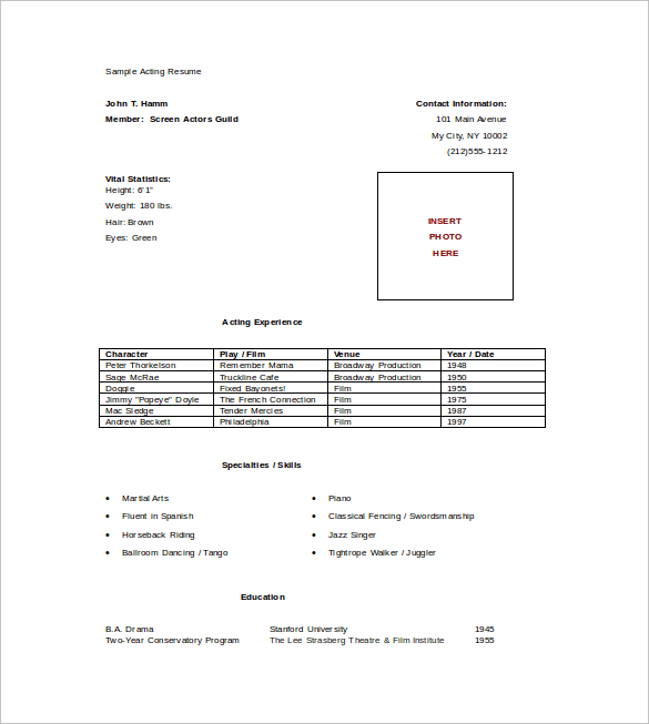 actor resume template free word 