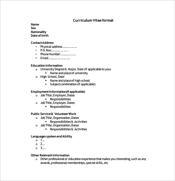 vitae template simple curriculum Sample Sample for  9 Free  Download Templates CV Templates