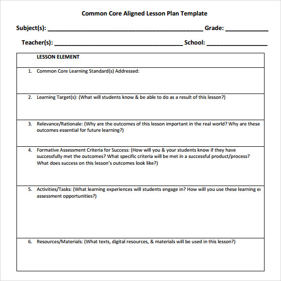 kindergarten lesson plan template with common core standards