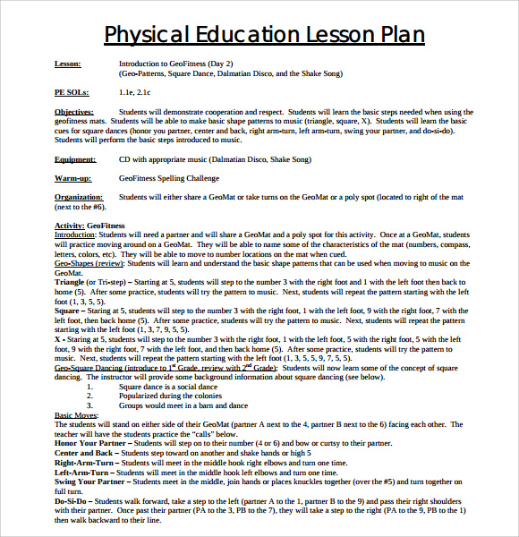 middle school physical education lesson plan template