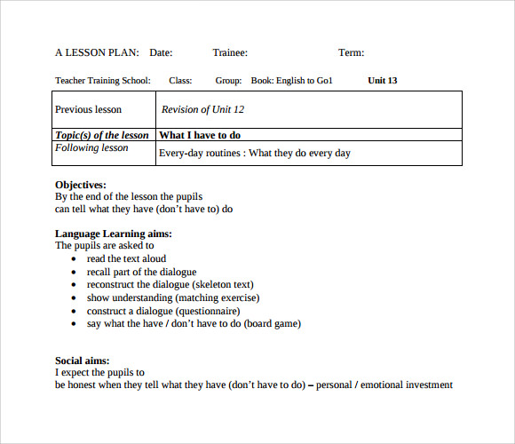 elementary daily lesson plan template