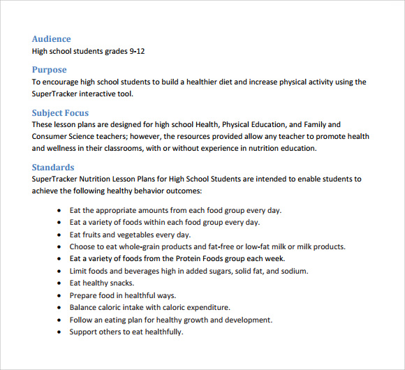 nutrition lesson plans for high school