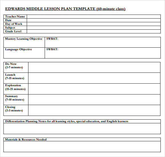 Middle School Printable Lesson Plan Template