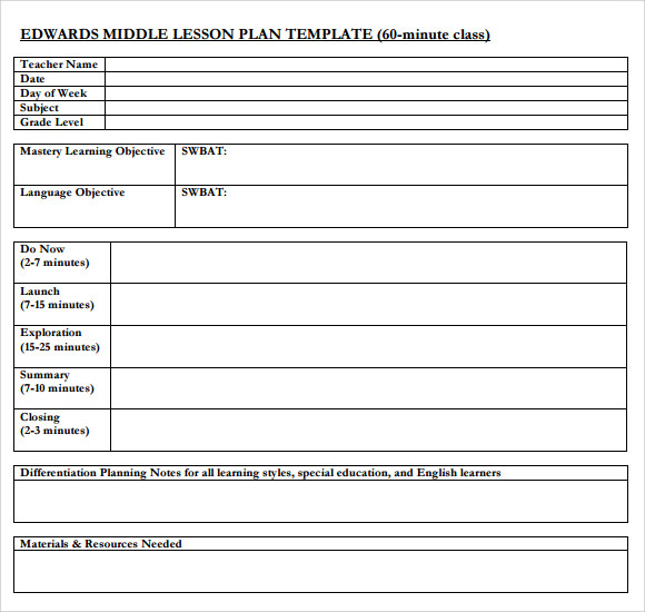 Unit Lesson Plan Template   Middle School Lesson Plan Sample 