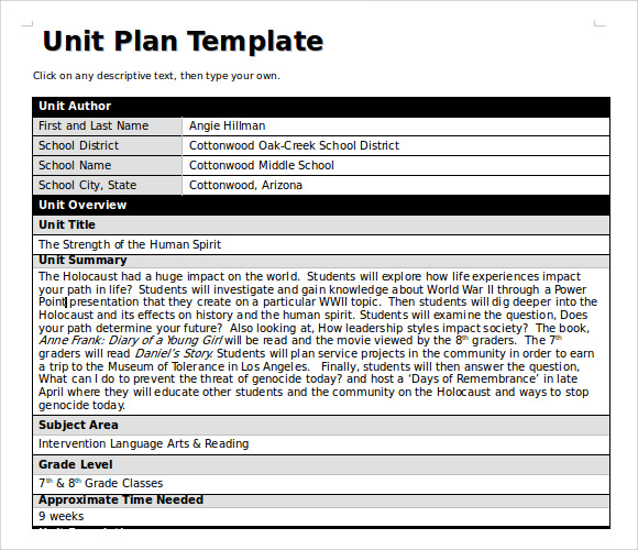 unit plan template word