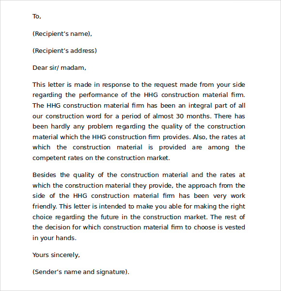 business letter of reference template