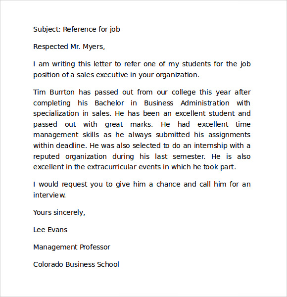 reference letter from professor