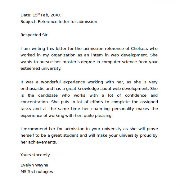 admission reference letter example