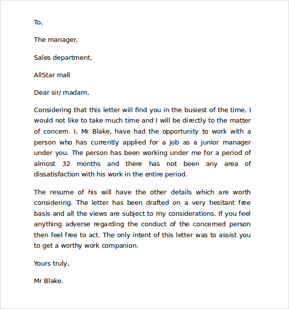 printable recommendation sample letter in 9 Free   Documents Format Reference  Letter Download