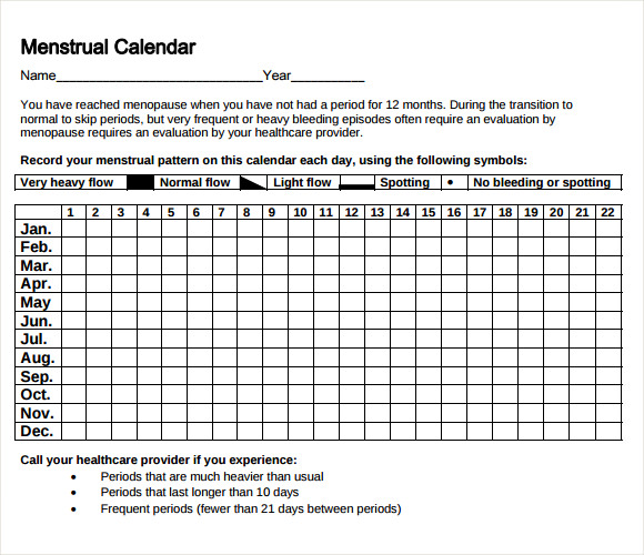 menstrual record chart template