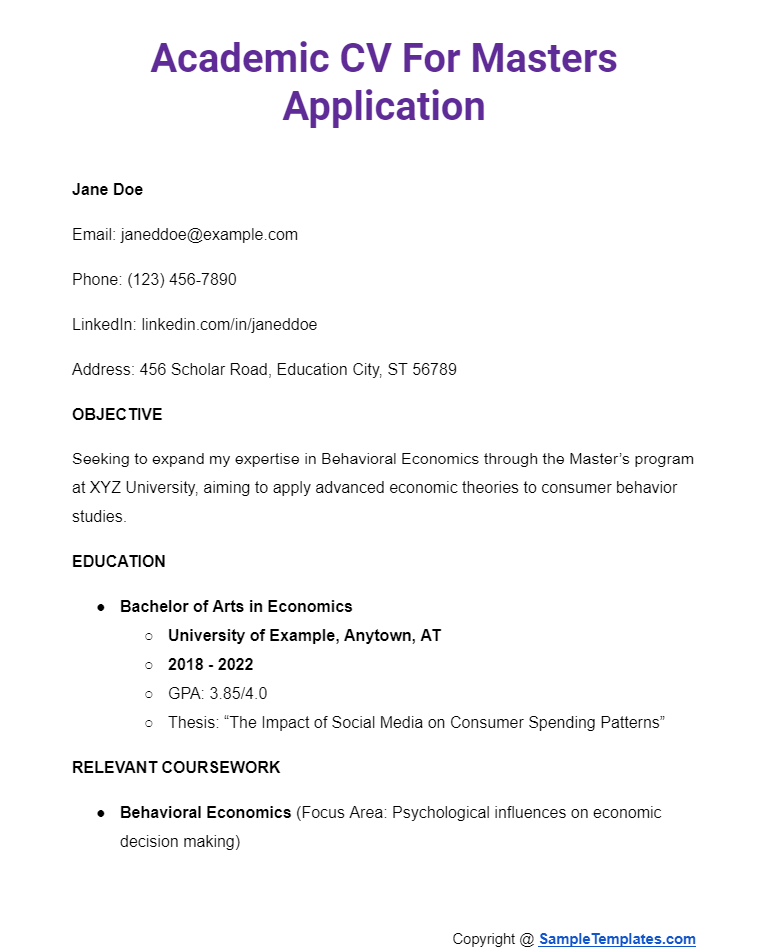 academic cv for masters application