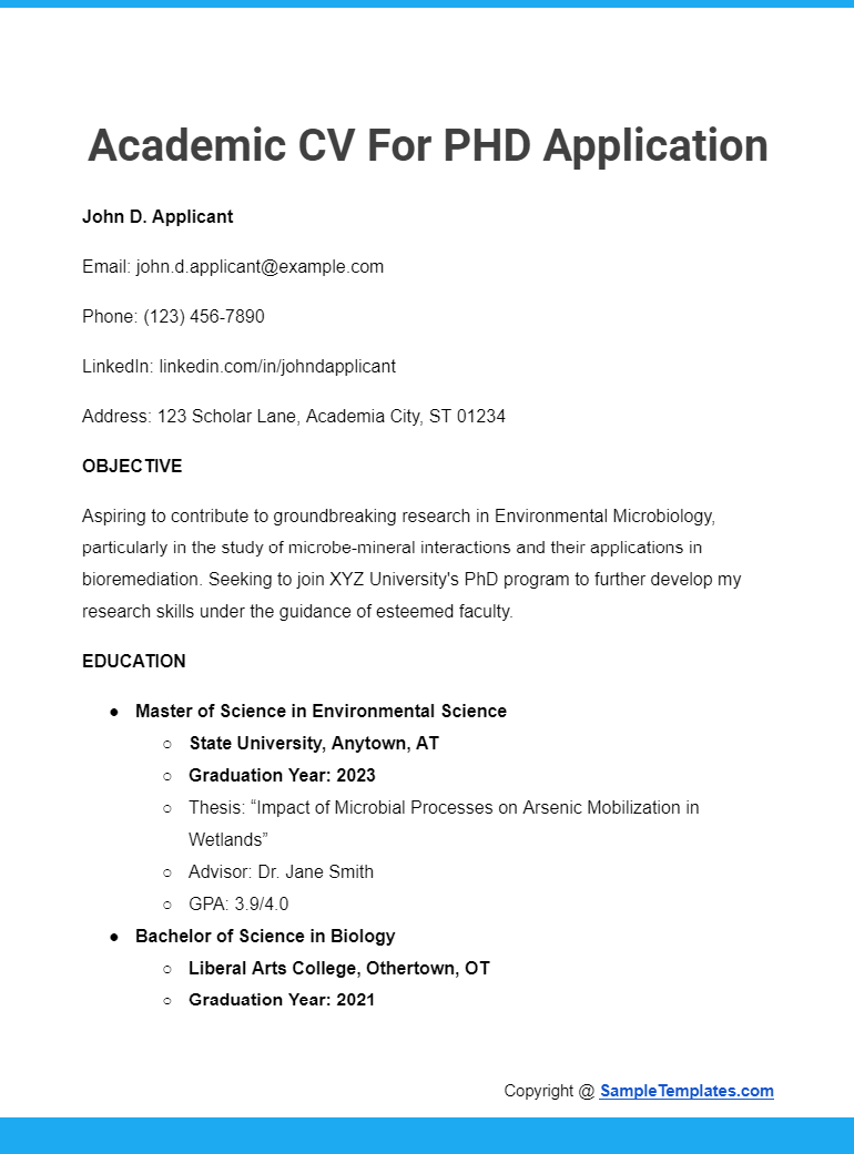 academic cv for phd application