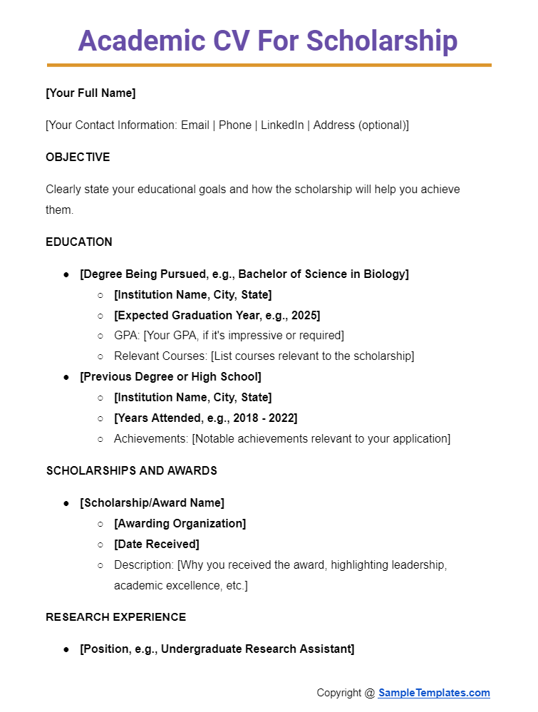 academic cv for scholarship