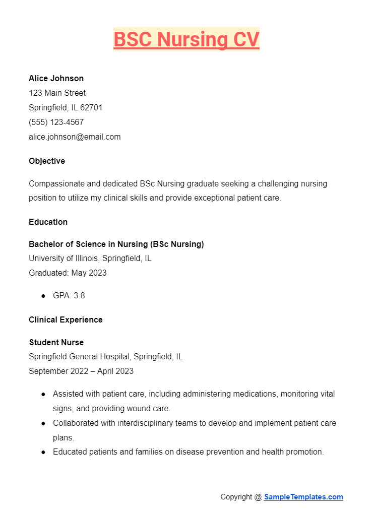 bsc nursing cv